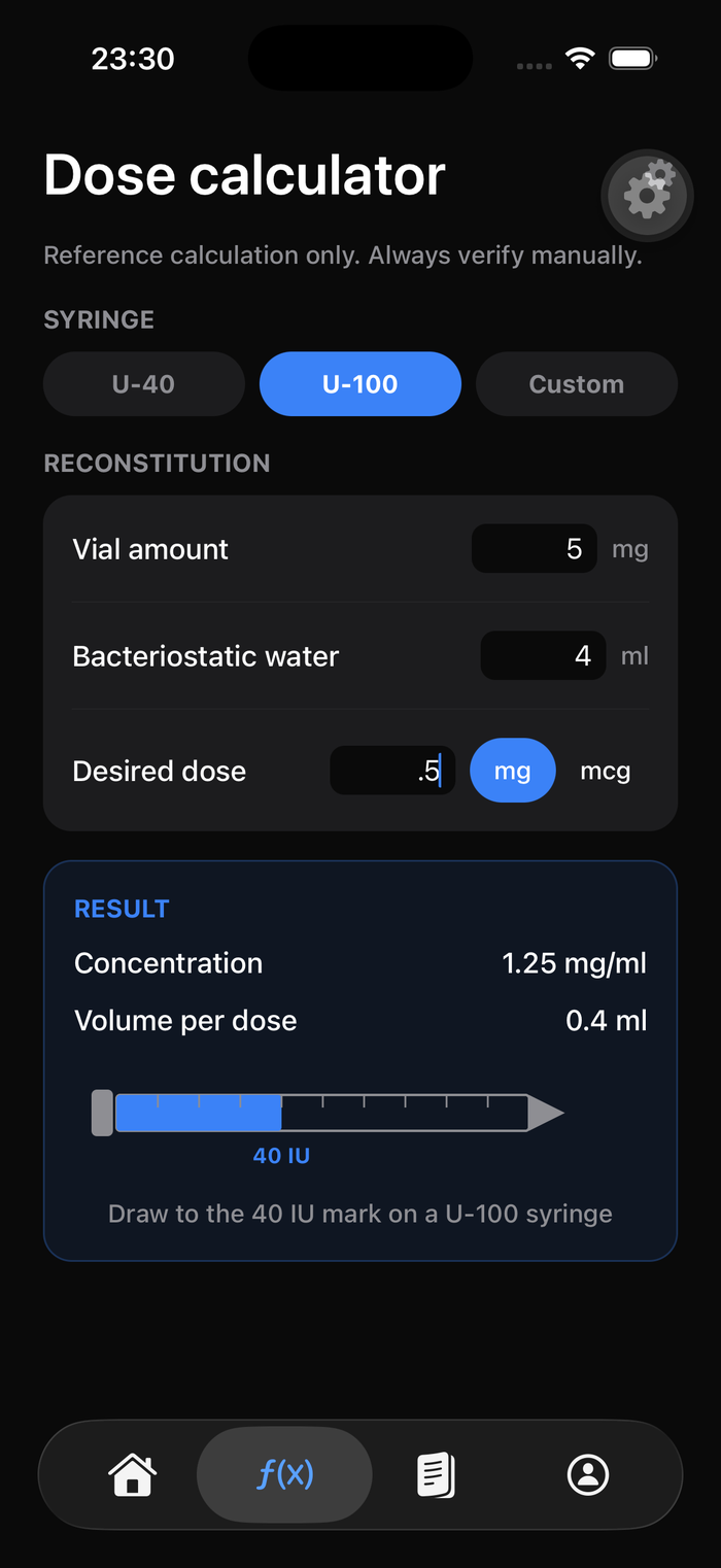 Reconstitution dose calculator in Biohack