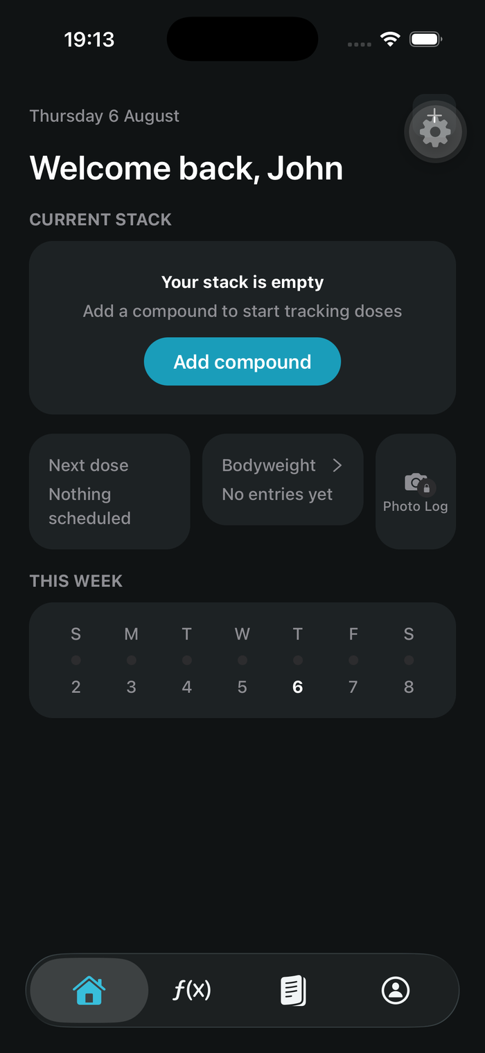 Biohack dashboard screen showing today's schedule and current stack