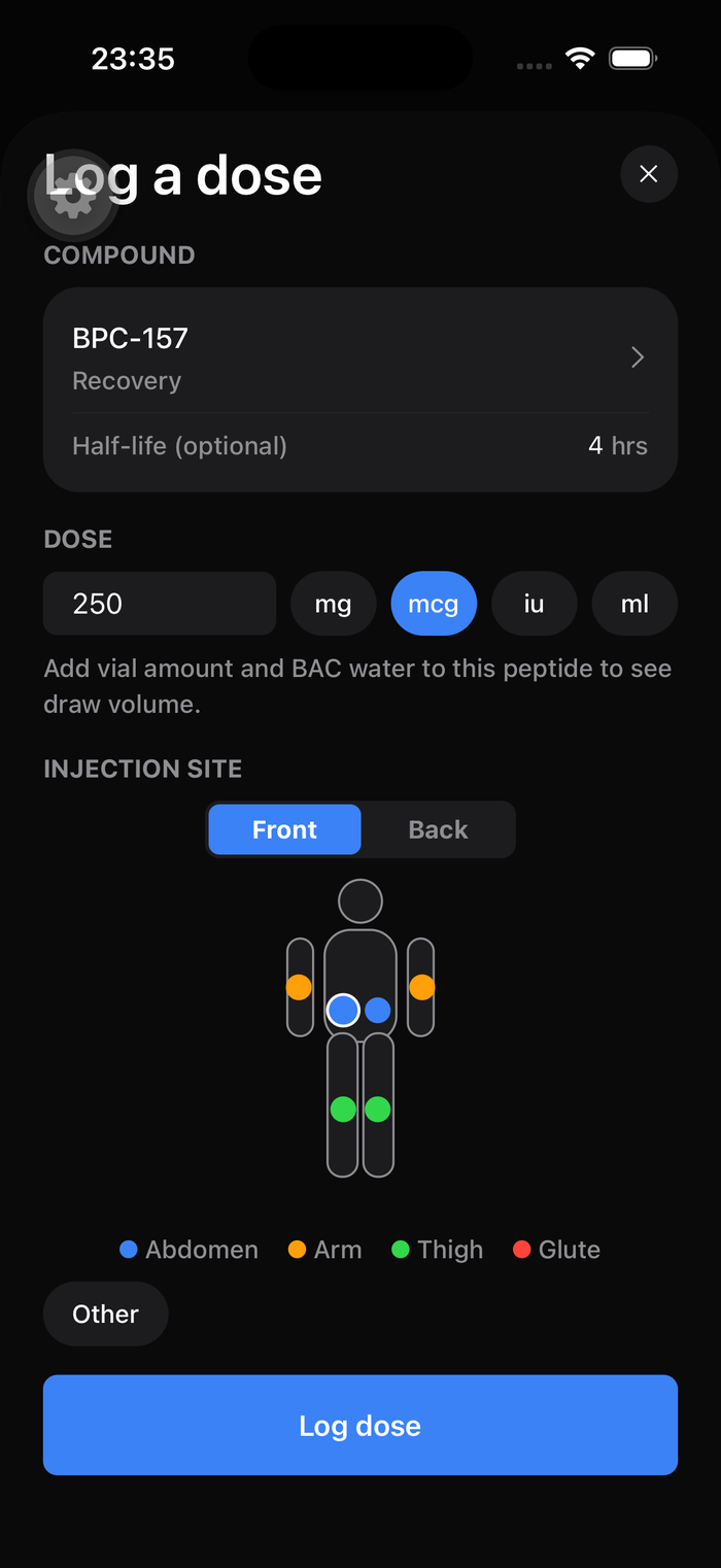 Logging a single dose with injection site picker in Biohack